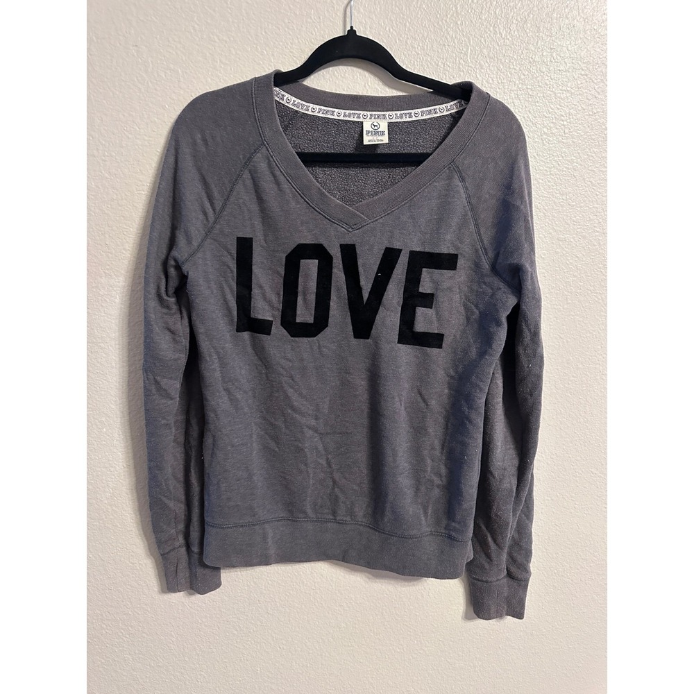 PINK Victoria's Secret LOVE V-Neck Pullover Sweatshirt Gray Comfy Small